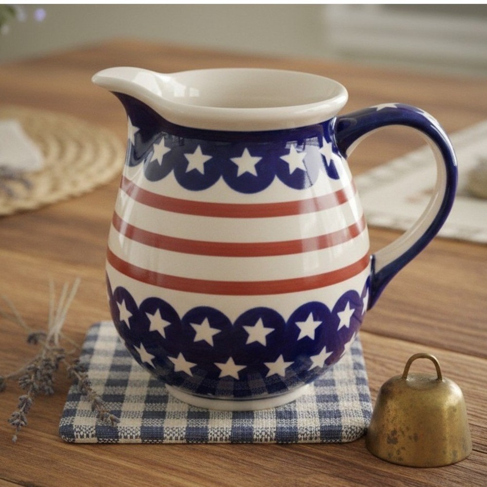Boleslawiec Polish Pottery Pitcher Creamer Hand Made Poland Stars Stripes